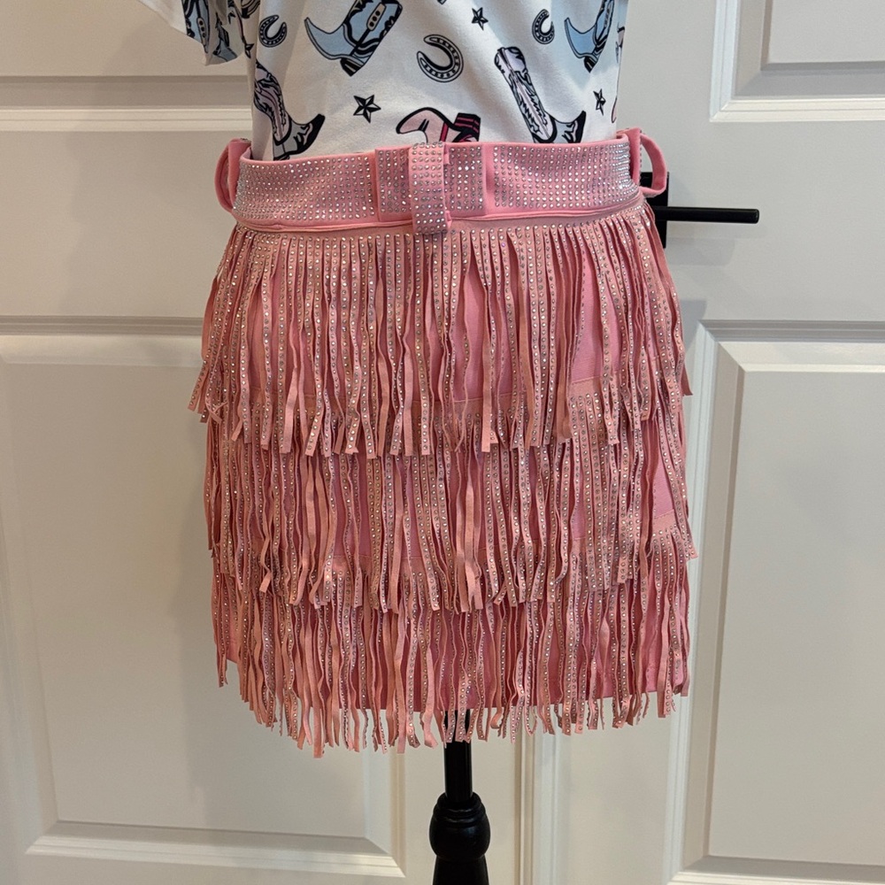 Western Pastel Pink Rhinestone Fringe Mini Skirt With Belt Loops